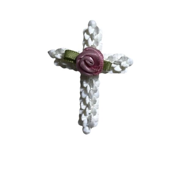 Vintage Religious Jesus Cross Christianity White Beaded Rose Brooch Sz 2” - Picture 1 of 8